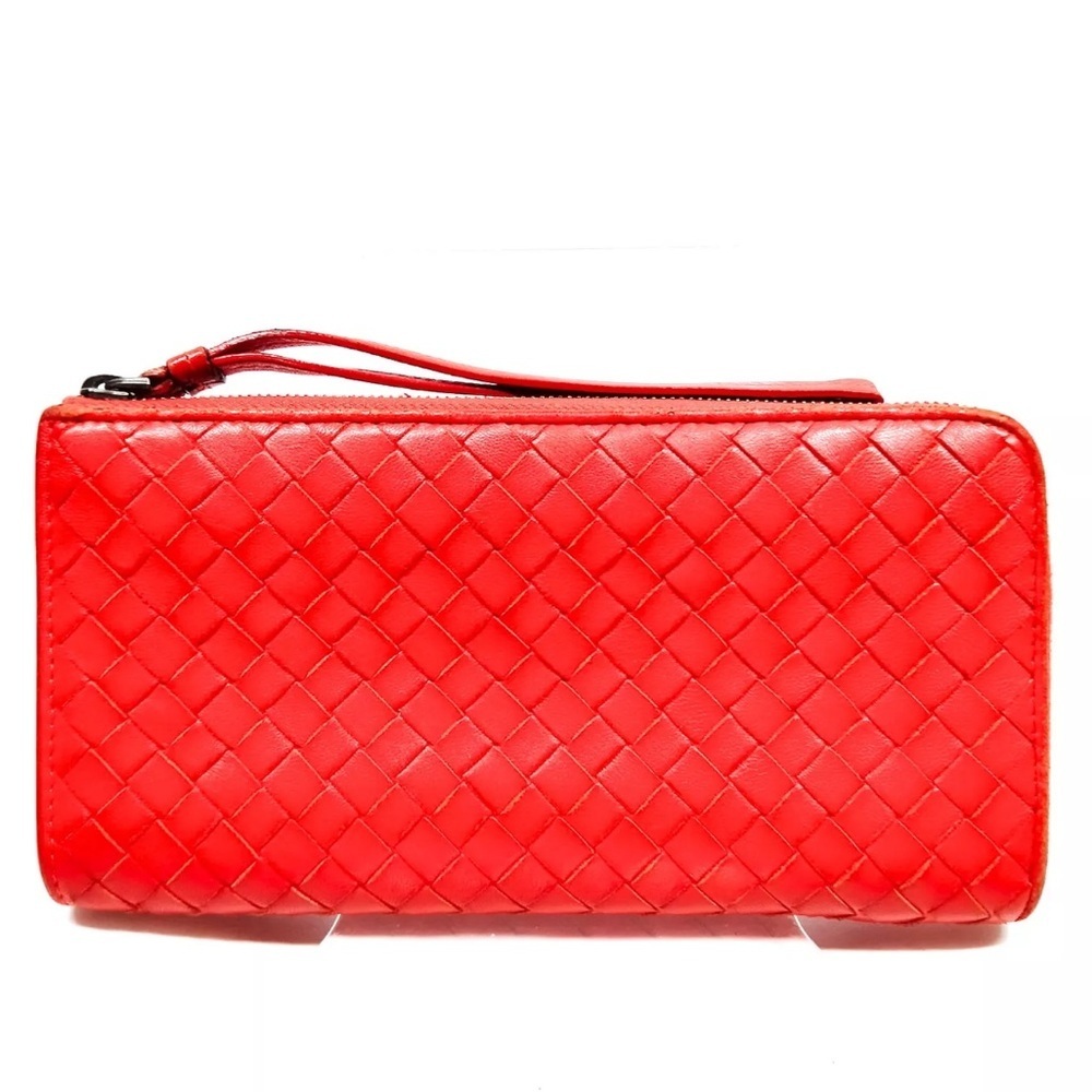 🧡Bottega Veneta‎ Nappa Leather Intrecciato Half Zip Around Orange/Red Wallet♥️